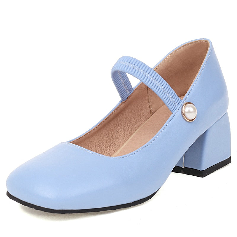 flowersverse - Elegant Medium Heels Women Pumps Mary Jane Shoes New Spring White Blue Green Heeled Wedding Office Shoes Female Large Size