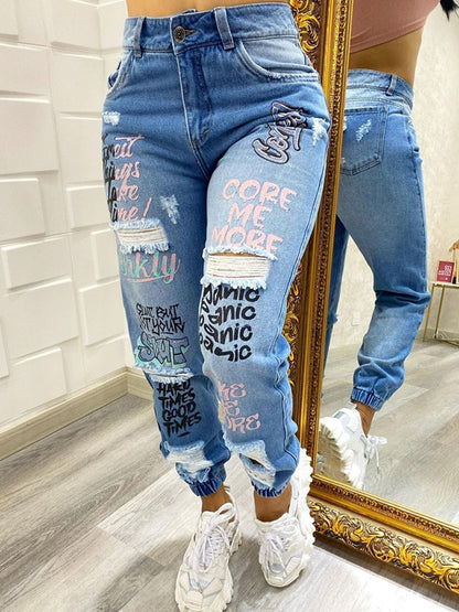 Letter Print Slant Pocket Ripped Jeans Women Casual Denim Pants