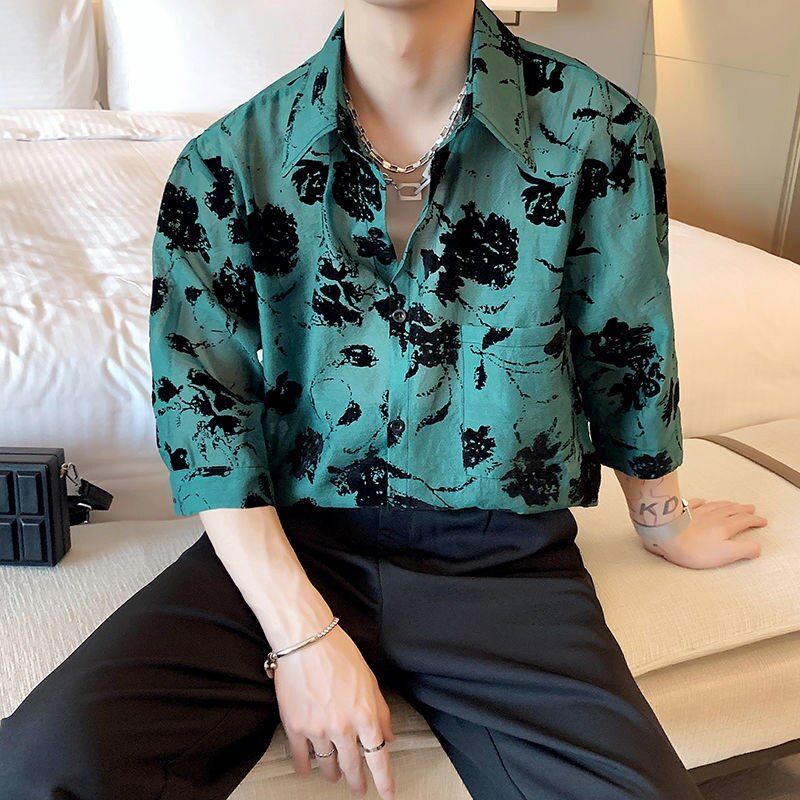 flowersverse Summer Men's Cargo Loose Hawaiian Shirt Green Color Cotton Clothes Casual Shirts Streetwear Camisa Masculina Size M-2XL