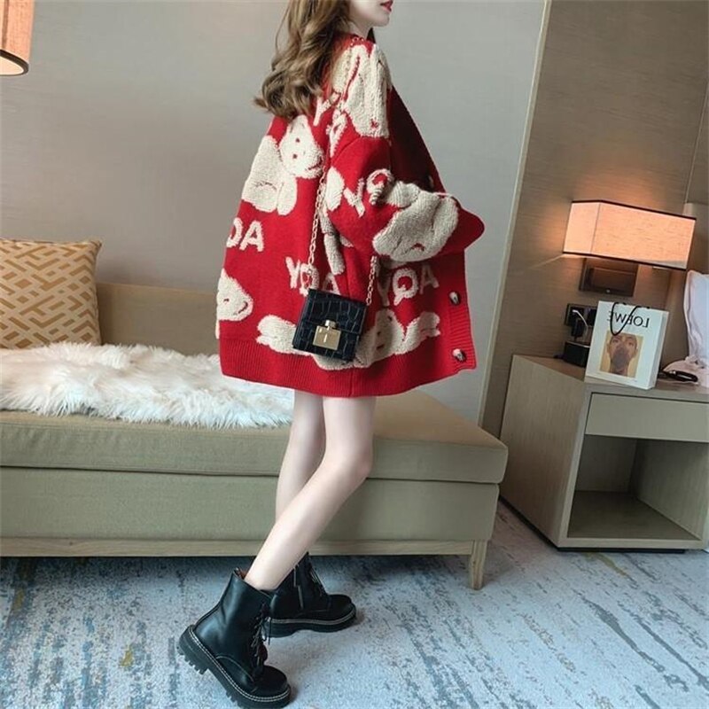flowersverse Loose Sweater Oversize Woman Christmas Sweater Coat Korean Fashion Sweet Cardigans For Women  Thick Winter Clothes Knitted