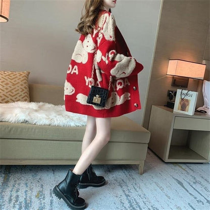 flowersverse Loose Sweater Oversize Woman Christmas Sweater Coat Korean Fashion Sweet Cardigans For Women  Thick Winter Clothes Knitted
