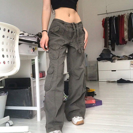 Y2K Pockets Cargo Pants for Women Straight Oversize Pants Harajuku Vintage Aesthetic Low Waist Trousers Wide Leg Baggy Jeans 3XL