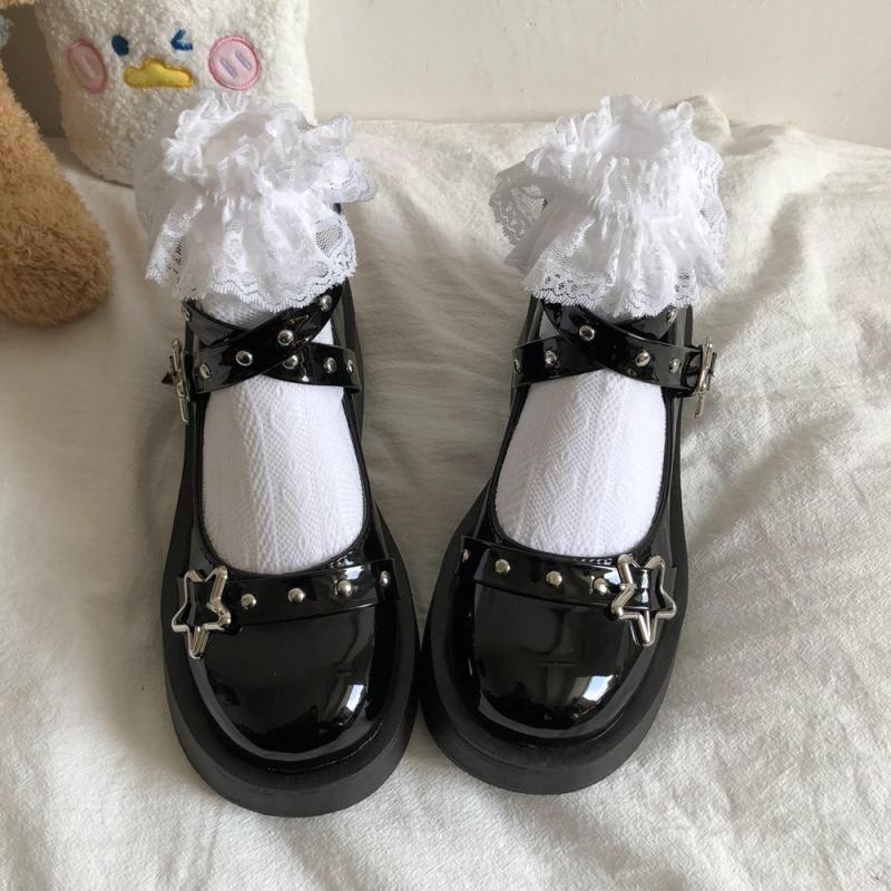 flowersverse - Lolita Shoes Gothic Chunky Star Buckle Mary Jane Shoes Cute Platform Cross-Tied Wedges Loli Thick Heel Casual Shoes Cosplay