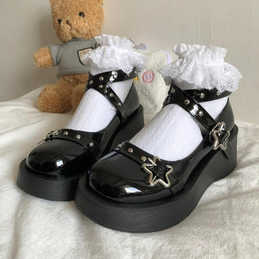 flowersverse - Lolita Shoes Gothic Chunky Star Buckle Mary Jane Shoes Cute Platform Cross-Tied Wedges Loli Thick Heel Casual Shoes Cosplay