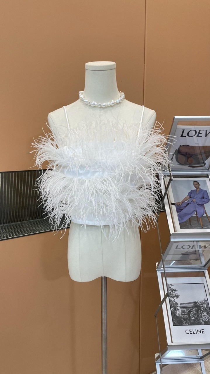 Autumn Sleeveless Feathers Camisole Crop Top Blue Denim Pants Long Jeans Two Piece Set Women GF920