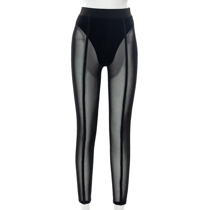 Sexy See-through Black High Waist Long Trousers Casual Sweatpants Women Autumn Elastic Pencil Pants Mesh Leggings