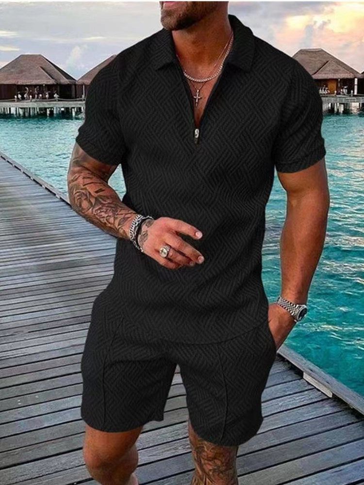 flowersverse Men's Polo Suit Fashion Men Sets Mens Solid Color Summer V-neck Zipper Short Sleeve POLO Shirt+Shorts Two Pieces Men Casual Suit