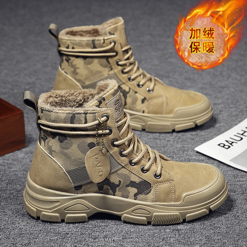 flowersverse Winter Men Boots Waterproof Warm Fur Snow Boots Men Outdoor Work Casual Shoes Military Combat Rubber Ankle Camouflage Boots