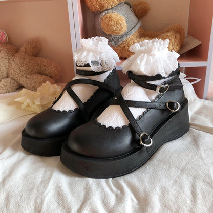 flowersverse - Lolita Shoes Gothic Chunky Star Buckle Mary Jane Shoes Cute Platform Cross-Tied Wedges Loli Thick Heel Casual Shoes Cosplay