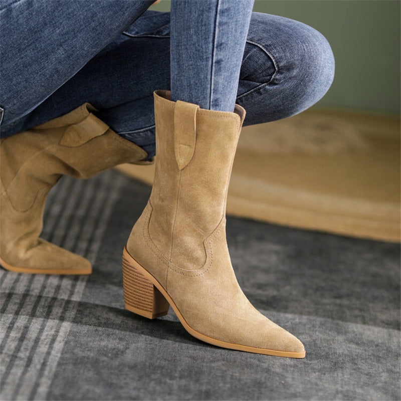 flowersverse  New Autumn/Winter Women's Boots Pointed Toe Chunky Heel Short Boots Cow Suede Western Boots Shoes For Women High Heels