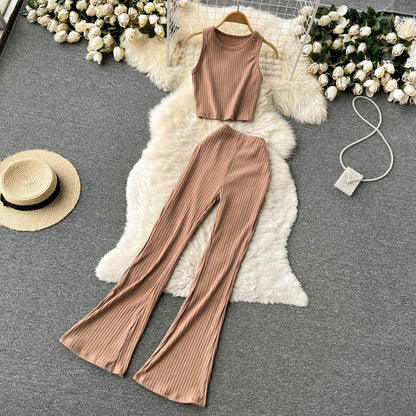 Women Casual Pants Set Fashion Bodycon Slim Short Tank Top +Striped Wide Legs Long Pants Solid Summer Two Piece Suit