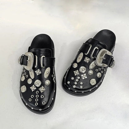 flowersverse Summer Women Slippers Platform Rivets Punk Rock Leather Mules Creative Metal Fittings Casual Party Shoes Female Outdoor