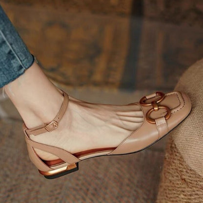 Amozae New French Retro Ladies Flats Korean Style One Line Buckle Female Sandals Fashionable Plaid Thick Heel Women's Shoes