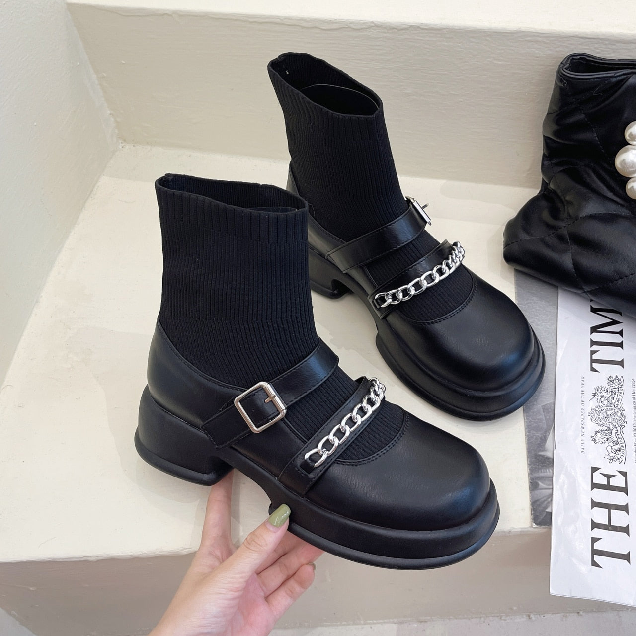 Christmas Gift Women 2022 New Spring And Autumn British Style Fashion Stitching Glossy Matte Knitted Sleeve Belt Buckle Thin Thick Bottom Boots