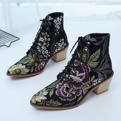 Christmas Gift  Women's Shoes Fashion Boots Women Ankle Boots  Chinese Style Embroidered Flowers  Boots Fortune Flower Women Boots