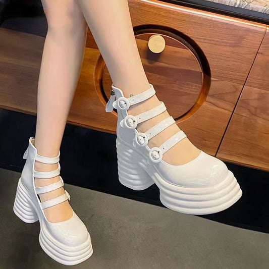 flowersverse - Platform Women Shoes  Summer New Round Toe Thick Heeled Women's High Heels White Mary Jane Shoes Simple High Heeled Sandals