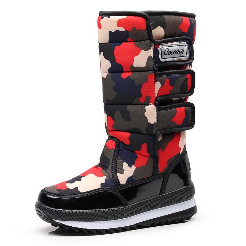 flowersverse Women Boots Platform Men Snow Boots For Woman Shoes Thick Plush Waterproof Men Winter Keep Warm Shoes Red Camo Big Fur Boots