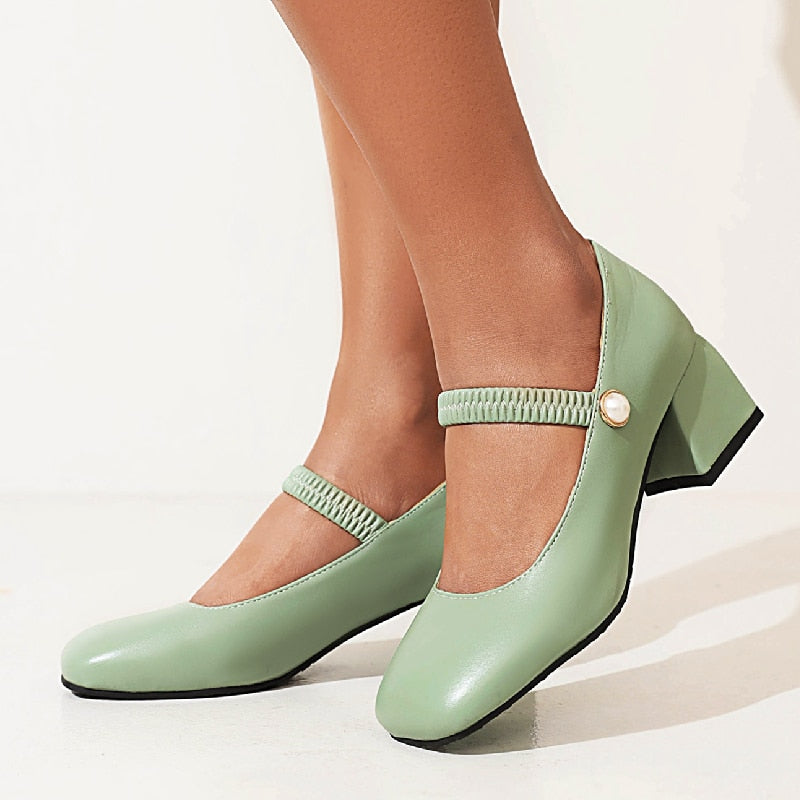 flowersverse - Elegant Medium Heels Women Pumps Mary Jane Shoes New Spring White Blue Green Heeled Wedding Office Shoes Female Large Size