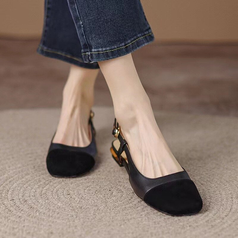 flowersverse Women Sandals Retro French Low Heel Thick Square Toe Heel Back Space Ladies Sandals Fashion Casual Design Females Shoes