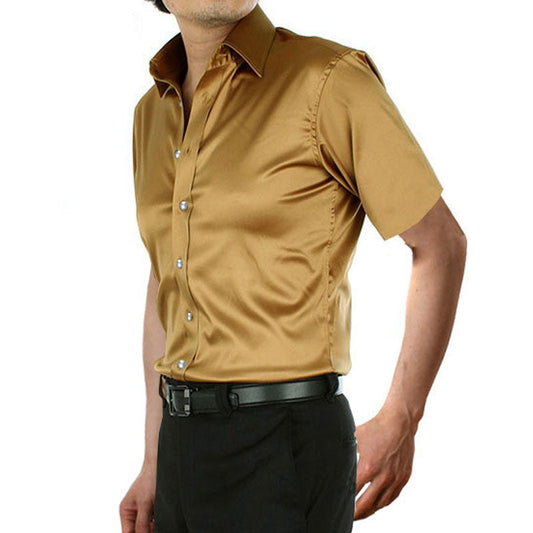 flowersverse Stylish Gold Silk Satin Shirt Men Chemise Homme Casual Short Sleeve Slim Fit Mens Dress Shirts Business Camisa Masculina