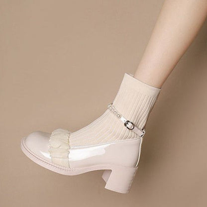 flowersverse Fashion Women Short Boots Pearl Slip-On Platform Mid Calf Boots Ladies Mary Jane Shoes Female New Autumn Casual Boots Woman