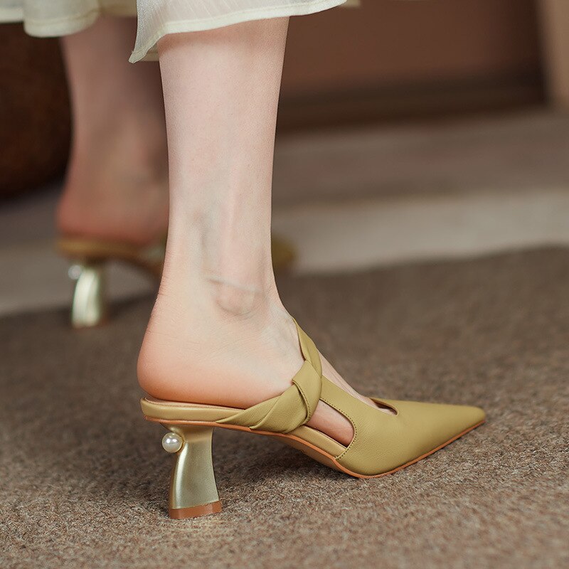 flowersverse Pointed Women's Half Slipper Summer Business Thick Heel Ladies Sandals Comfortable Middle Heel French Female Single Shoes