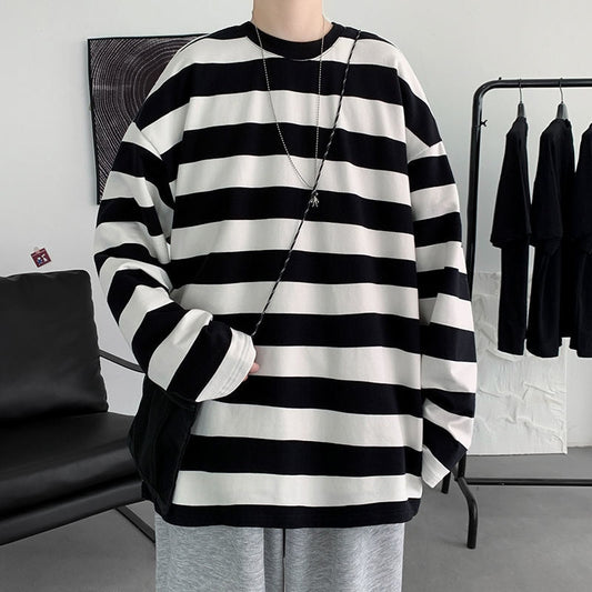 flowersverse Harajuku Striped T shirts For Men Oversized Tees Man Casual Long Sleeve Tshirt Woman Loose Pullovers Tops 5XL