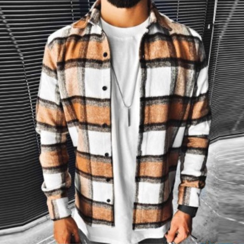 flowersverse Business Casual Plaid Print Wool Shirt Jacket Men  Spring Single Breasted Lapel Top Autumn Pocket Patchwork T-shirt Cardigan