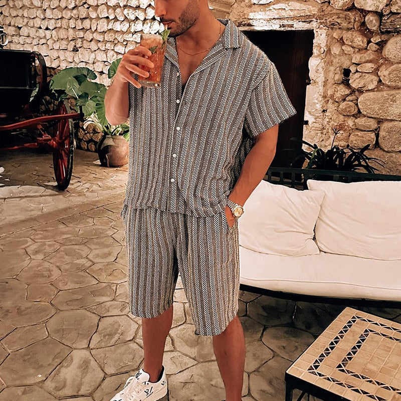 flowersverse Men's Short Sleeve Dress Shirt and Shorts Set - Perfect for Summer