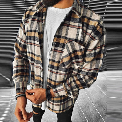 flowersverse Business Casual Plaid Print Wool Shirt Jacket Men  Spring Single Breasted Lapel Top Autumn Pocket Patchwork T-shirt Cardigan