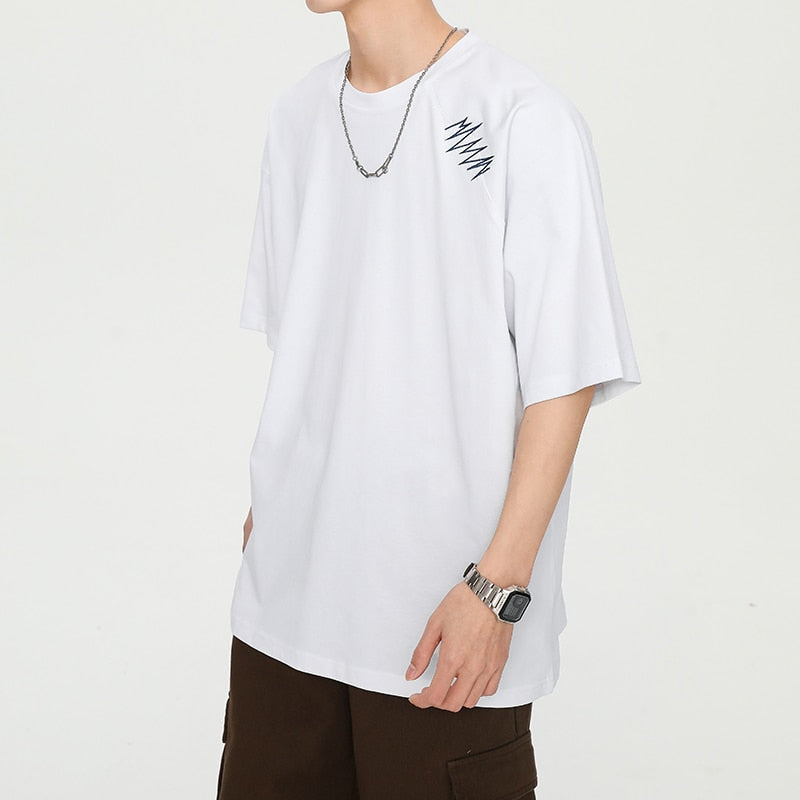 flowersverse Summer New Vintage Men's T-Shirt Casual American Irregular Personalized Embroidery T-shirts Cotton 200G Fashion Hip Hop Unisex