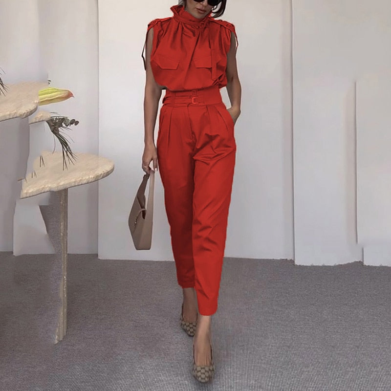 Two Piece Sets Women Summer  Elegant Sleeveless Chic Long Pants Sets Tie Neck Belt Solid Office Outfit With Pocket