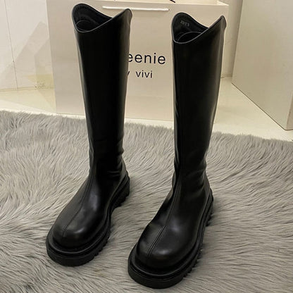 flowersverse Women Boots Fashion Casual Non Slip Zipper Knee Boots Woman Comfortable Round Boots Ladies Platform PU Winter Boot Female