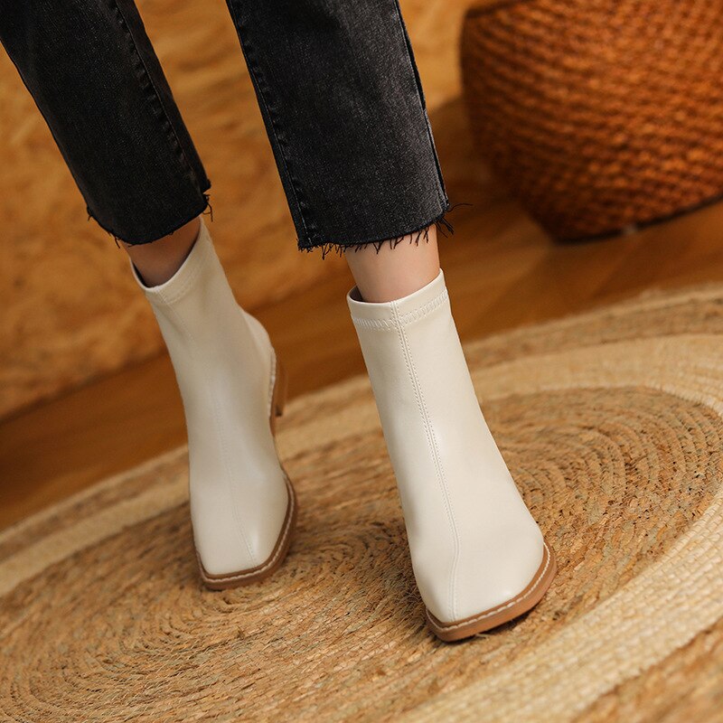 flowersverse Women's Boots Autumn Short Thin Middle-Heeled Ankle Boots Solid Color Square Toe Fashion Casual Simple Ladies Shoes