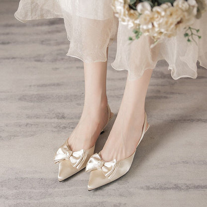 flowersverse Women Sandals Summer Solid Butterfly Knot Thin Heel Pointed Toe Back Strap Lady Pumps Fashion Elegant Fairy Leisure Shoes