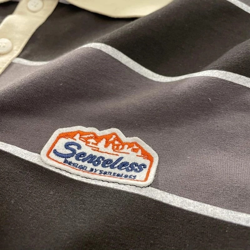 flowersverse New Striped POLO Shirt Top Women Japan Retro Long-sleeved Men Loose Trend Couple BF Lapel Sweatshirt Hip Hop Cool Shirts