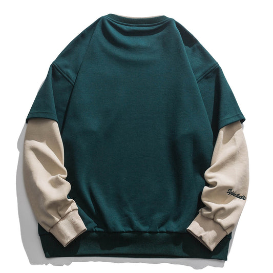 flowersverse Vintage Flocked Letter Fake Two Patchwork Hoodie Pullover Harajuku Sweatshirts Men Hip Hop Streetwear Loose Casual Tops