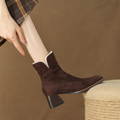 Amozae 2022 New Winter Boots For Women Cow Suede Short Boots Round Toe Thick Heel Women's Warm Shoes High-Heeled Shoes Large Size