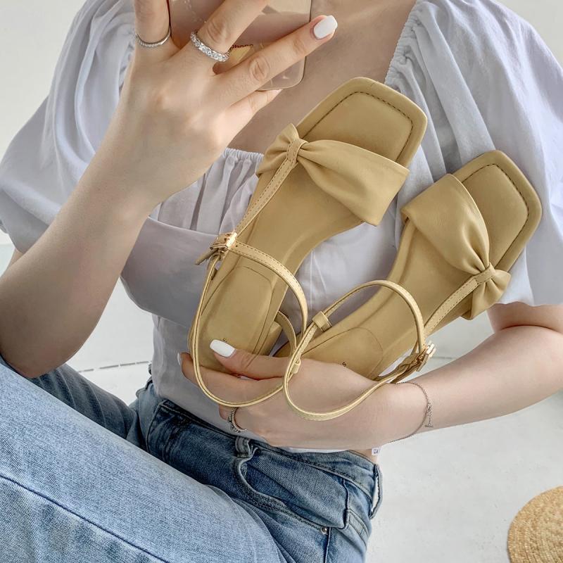 Amozae Women Sandals Summer Square Toe Thick Med Heel Back Strap Bukle Lady Shoes Fashion Solid Leisure Concise Females Shoes