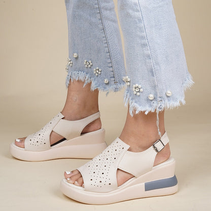 flowersverse Women Sandals Summer Solid Fish Mouth High Wedge Heel Ankle Straps Lady Sandals Fashion Concise Casual Females Shoes