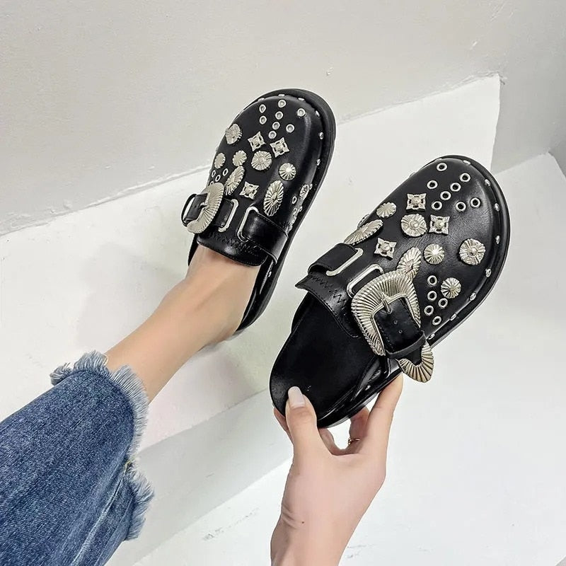 flowersverse Summer Women Slippers Platform Rivets Punk Rock Leather Mules Creative Metal Fittings Casual Party Shoes Female Outdoor