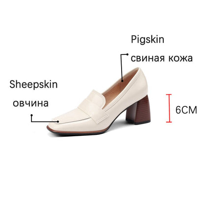 flowersverse  Spring New GENUINE LEATHER Women Shoes LEISURE Women Slip-On Shallow Pumps Square Toe Heels Shoes Women Zapatos De Mujer