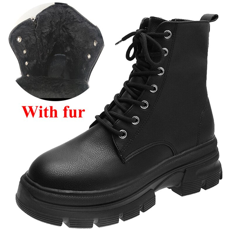 Christmas Gift Ankle Boots Women Winter Boots Female Zipper Warm Shoes Lace Up Round Toe Shoes Solid Fashion Boots Woman Shoes