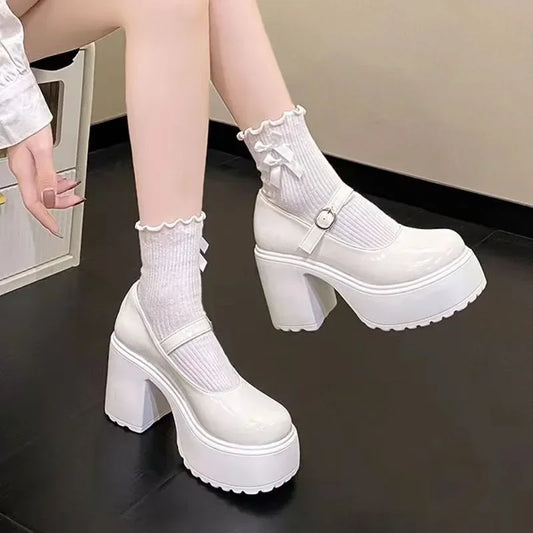 2024 Women's Shoes Mary Janes Women's High Heel Platform Dress Pump Women Buckle Strap Round Toe Shallow Chunky Heel Shoes Women