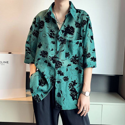 flowersverse Summer Men's Cargo Loose Hawaiian Shirt Green Color Cotton Clothes Casual Shirts Streetwear Camisa Masculina Size M-2XL