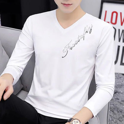 flowersverse  -  Fashion V-Neck All-match Diamonds T-Shirt Men's Clothing Autumn New Oversized Casual Pullovers Tops Loose Korean Tee Shirt