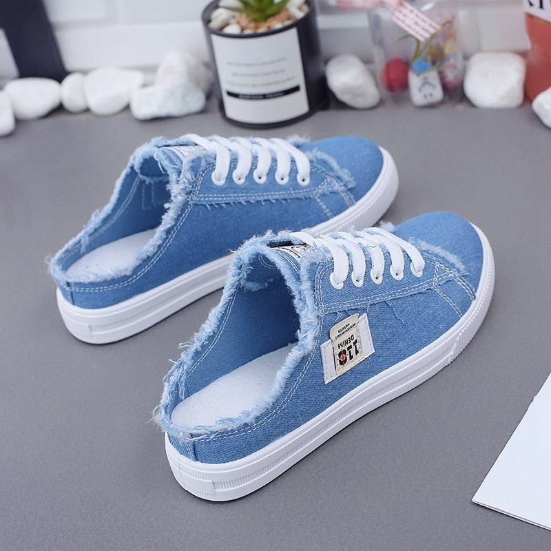 flowersverse Summer Women Loafers Girl's Canvas Shoes Slip-On Half Slippers Breathable Women's Shoes Canvas Sneakers Fashion Flats Shoes