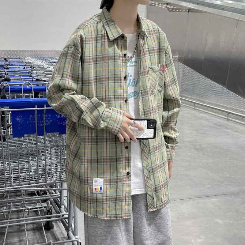 flowersverse Harajuku Plaid Shirt Men Hip Hop Flannel Checked Over Size Shirt High Quality Spring New Oversize Streetwear Green Retro Blouses