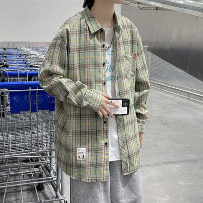 flowersverse Harajuku Plaid Shirt Men Hip Hop Flannel Checked Over Size Shirt High Quality Spring New Oversize Streetwear Green Retro Blouses