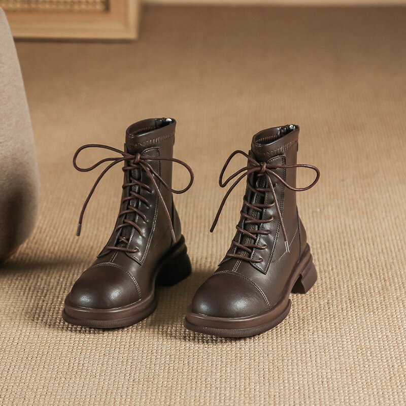 flowersverse New Winter Women Boots British Style Leather Exquisite Retro Thick Heel Short Lady Shoe Fashion Solid Zipper Concise Female Shoe